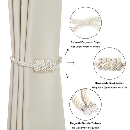 BEL AVENIR Magnetic Curtain Tiebacks, Decorative Drapery Holdbacks Modern Woven Tie-Backs with Exquisite Knot (Beige, 2 Pack)