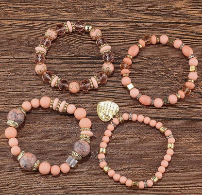 Women Beaded Bracelets, Multi-layer Peach Color Beaded Bracelet with gold charm Heart Bangles Set Gemstone Woven Female Jewelry Bracelet, Ideal for Festivals, Summer Parties, Beachwear, and Casual Outfits