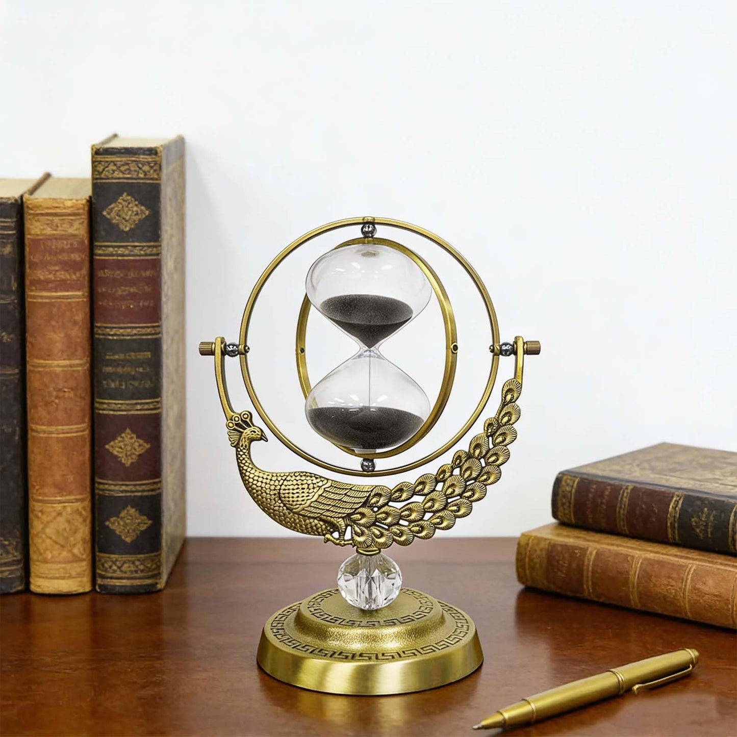 SuLiao Hourglass Sand Timer, 60 Minute Peacock Rotating Hour Glass, 60 Min Unique Black Sand Clock, Large 1 Hour Brass Sandglass, 1 hr Metal Decorative Reloj De Arena, Desk, Office, Home