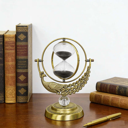 SuLiao Hourglass Sand Timer, 60 Minute Peacock Rotating Hour Glass, 60 Min Unique Black Sand Clock, Large 1 Hour Brass Sandglass, 1 hr Metal Decorative Reloj De Arena, Desk, Office, Home