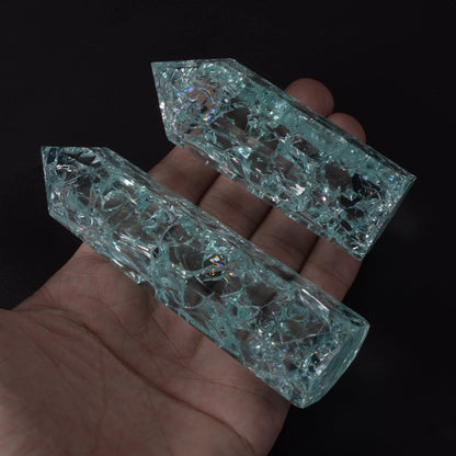 Synthetic Crackle Aqua Glass Crystal Hexagonal Pointed Tower Reiki Chakra Faceted Prism Wand Stone Home Decor