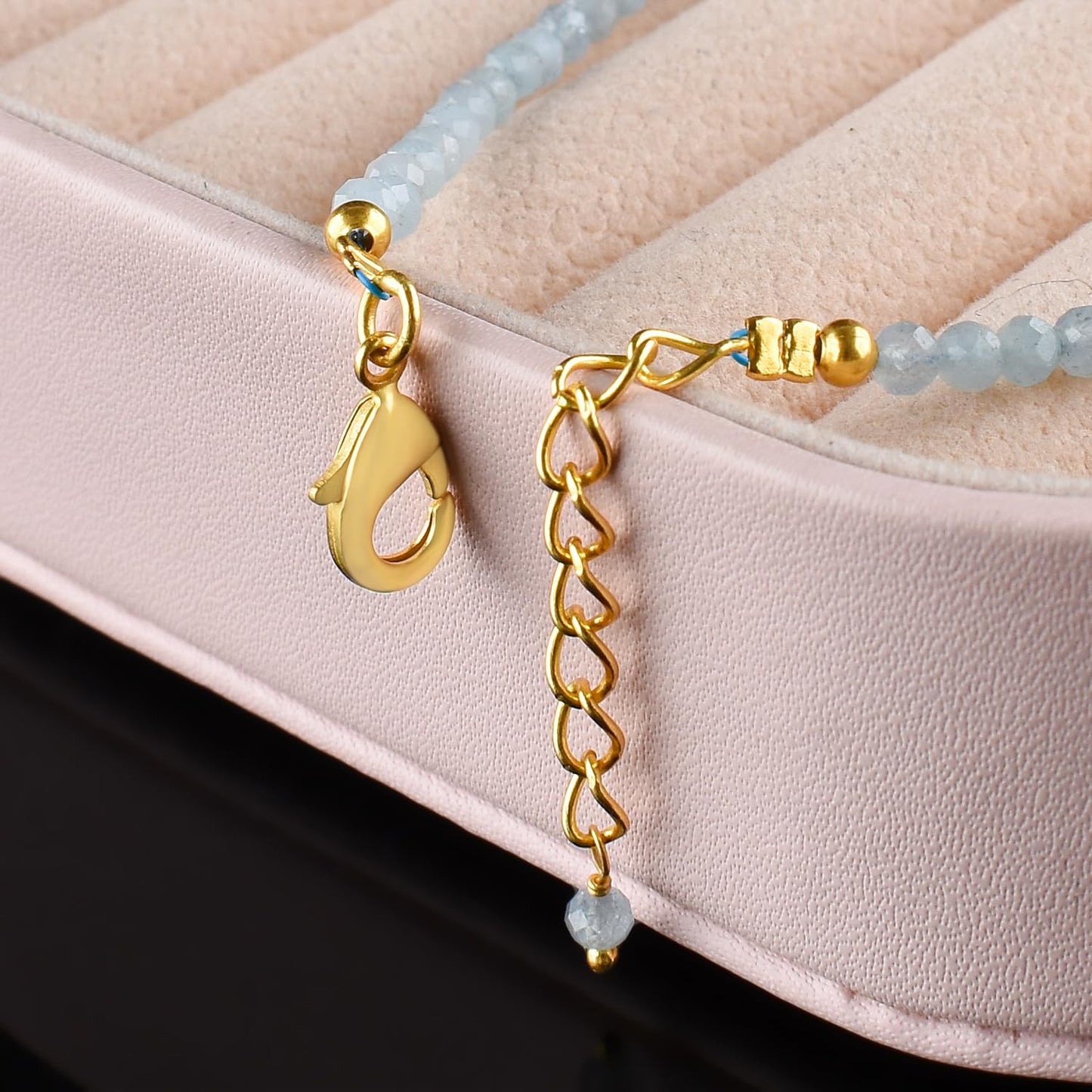 Natural Blue Aquamarine Gemstone Micro Beads Dainty Bracelet Jewelry for Women, March Birthstone, Chakra Energy Crystals, 14k Gold Plated Chain 8 inch Adjustable