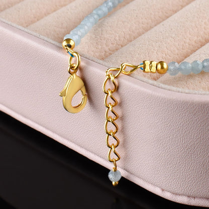 Natural Blue Aquamarine Gemstone Micro Beads Dainty Bracelet Jewelry for Women, March Birthstone, Chakra Energy Crystals, 14k Gold Plated Chain 8 inch Adjustable