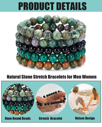 BOMAIL 5PCS Semi-Precious Gemstone Bracelet - Healing Crystal Stone Beaded Bracelets for Women Men 8mm Round Beaded Stretch Bracelets Unisex Yoga Bracelets