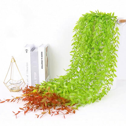 AQUGOO 5 Pcs Artificial Green Leaves Vines,Hanging Plants,Fake Vines Plastic Ivy,Wedding Wreaths, Indoor and Outdoor, Garden,Ladder Stand Decorations (Red-Tailed)