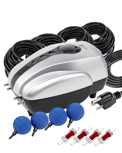 AquaMiracle All-in-One Koi Pond Aerator for Outdoor Ponds up to 2000 Gallons, Pond Air Pump Pond Aeration System with 4-Outlet Airline Tubing Air Stones Check Valves