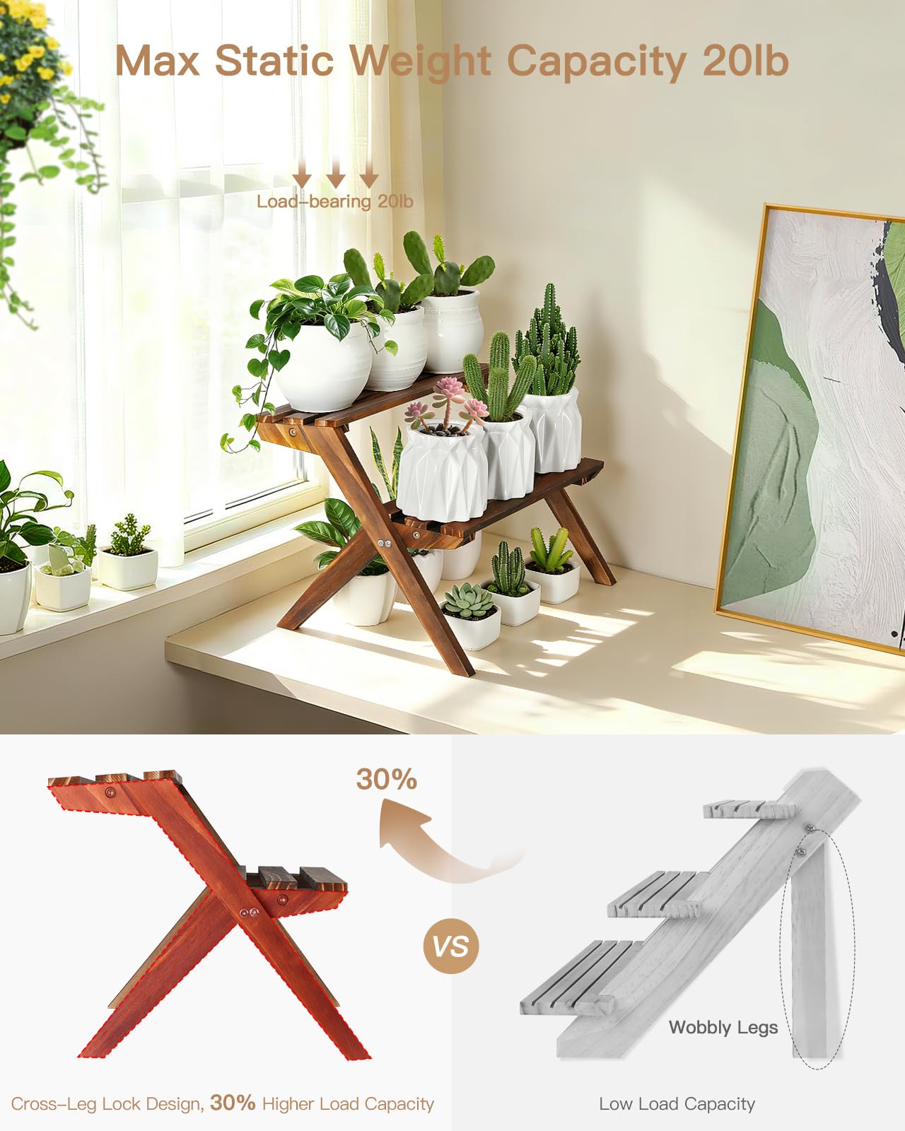Jotboom 2 Tier Small Wood Plant Stand for Desktop, X-Frame Windowsill Plant Shelf Indoor, Table Top Mini Ladder Flower Pot Holder Display Rack for Succulent, Herbs, Decorations, Kitchen Spices