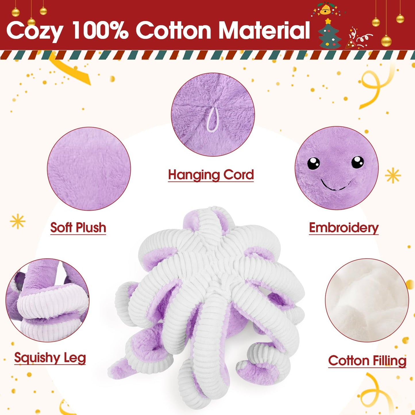 DENTRUN Octopus Stuffed Animals, Giant Octopus Plush Doll Play Toys for Kids Girls Boys Adults Birthday Xmas Halloween Present Stuffed Sea Animals Plushie, 7/16/24/32 Inches, 5 Colors