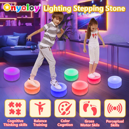 Onyoloy Kids Light Up Stepping Stones - 6 Non-Slip Stepping Stones, Each with 7 LED Light Colors, Indoor Obstacle Training Balance Stepping Stone Toys for Kids Ages 3 and Up.