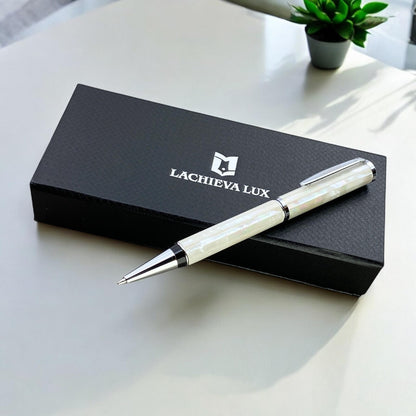 LACHIEVA LUX Stunning Handcrafted Mother of Pearl Ballpoint Pen with German P900M 1.0MM Refill, Luxury White Shell Gift Pen for Men and Women, Executive Writing Pen in Premium Gift Box