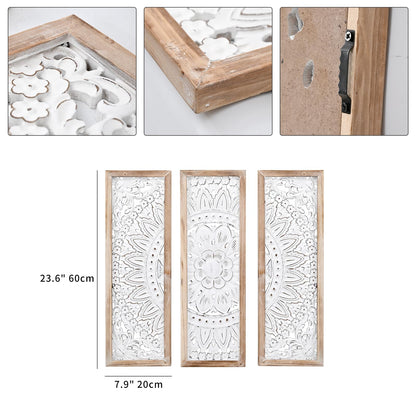 SwallowLiving 3D Layered Mandala Wood Wall Art Set of 3 – 23.6" Large Sacred Geometry Floral Sculptures, Intricately Carved Wood Panels for Meditation Room, Yoga Studio & Boho Decor, Distressed White
