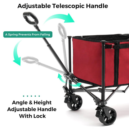 SUNNYFEEL Collapsible Wagon Cart, 200LBS Capacity Foldable Camping Cart with Wheels, Adjustable Handle， Lightweight Wagon for Shopping, Garden，Beach & Pet Use