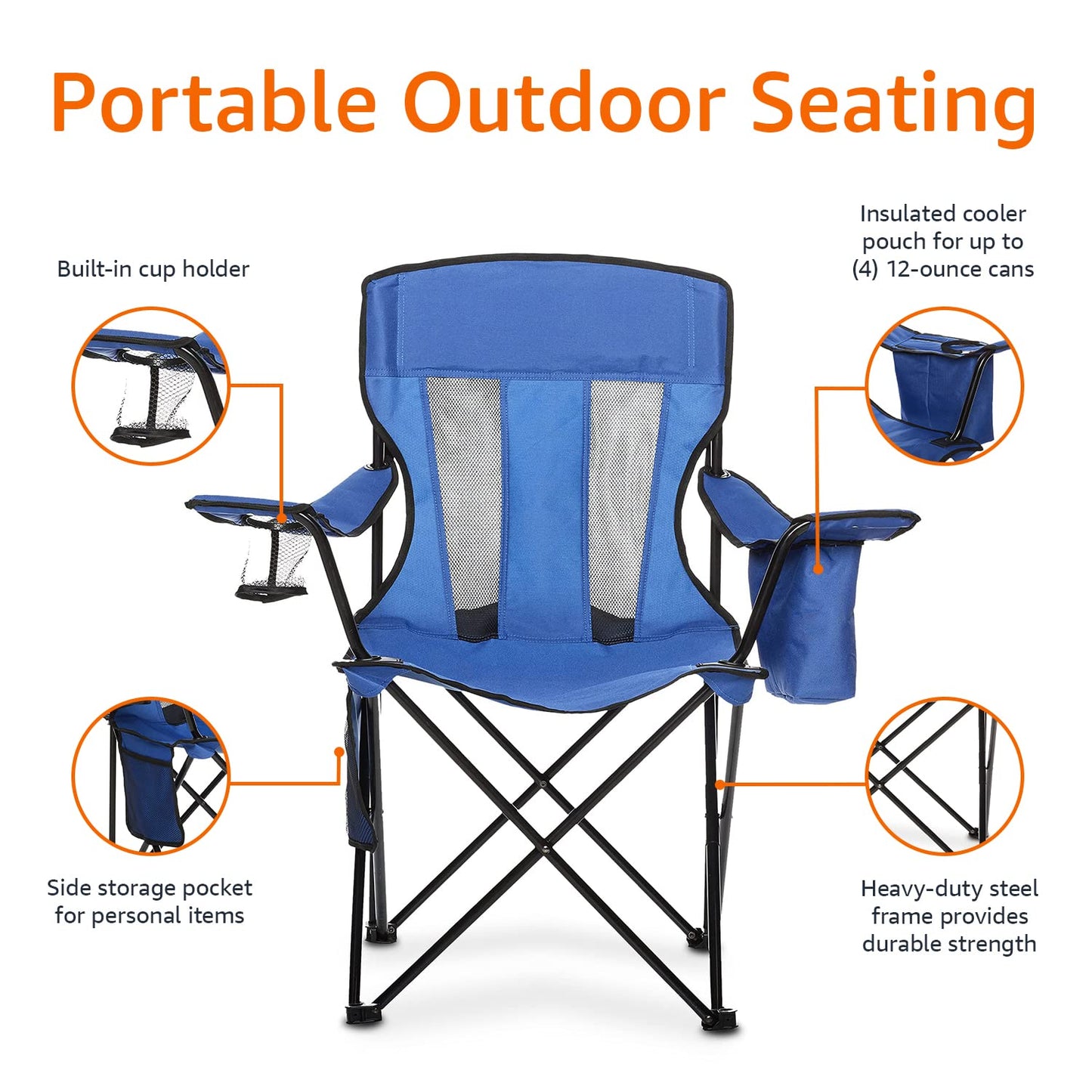 Amazon Basics Portable Folding Camping Chair with 4-Can Cooler, Side Pocket, Cup Holder, and Carry Bag, Sturdy, Breathable Mesh Back, Large, Blue