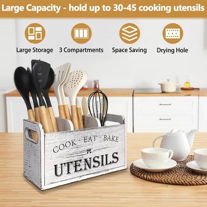 Essovee Farmhouse Kitchen Utensil Holder with 3 Compartments, Wooden Utensil Organizer for Countertop, Utensil Holder Rustic Cooking Utensil for Farmhouse Kitchen Decor