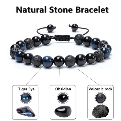 SAMXY Men Bead Bracelet - 8mm Blue Tiger Eye Black Obsidian & Lava Stone Beads - Natural Onyx & Crystal Healing Stones - Handmade Adjustable Protection Bracelet- Spiritual Jewelry Gift for Women men