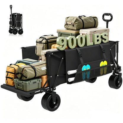 ZENPETIO 49" Collapsible Wagon Cart, 900LBS Heavy Duty Extra Long Folding Utility Wagon, 300L Large Capacity Wagon with Extender All-Terrain Big Wheels with Brakes for Camping, Garden, Sports, Grocery