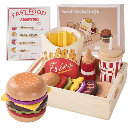 Smartwo Wooden Play Food for Kids Pretend Hamburger Set Fast Food Toy Play Kitchen Accessories for Toddlers Toy Food Gift for Boys Girls Educational Toys