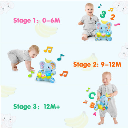 Ryotagift Baby Bilingual Musical Elephant Stuffed Animals Toys,Infant Early Learning Toy with Light-Up Music & Crinkle,Tummy Time Toys for 0 3 6 9 12+ Months for Baby Boy Girl Gift,Blue