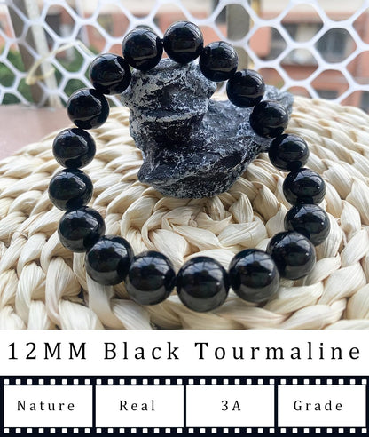 12MM Black Tourmaline Crystal Bracelet, 3A Grade Real Gemstones Stretch Bracelet, Come with Extra Beads & Beaded Tools Kit, Fit 8" Wrist Size, Perfect choice for Friends | Familys