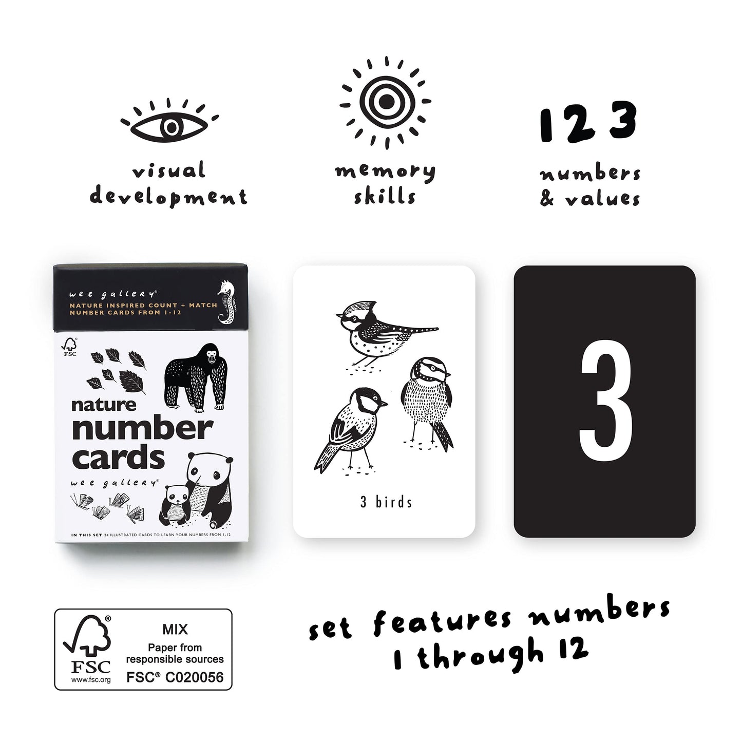 Wee Gallery Bamboo Numbers and Nature Number Cards Set - Educational Learning Toys for Baby, Toddler, Preschool Kids - Wooden Numbers and Animal Contrast Flashcards to Stimulate Early Development