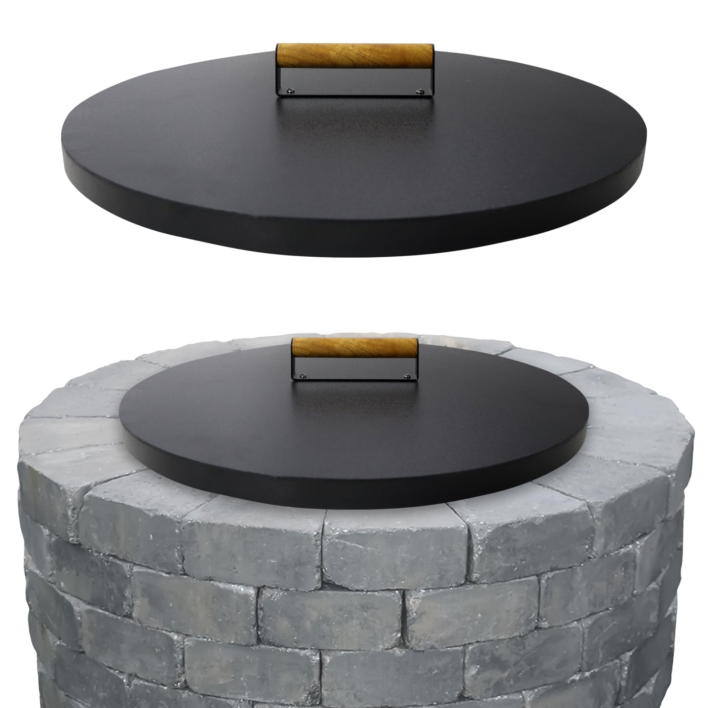22” firepit lid round for inside up to 20” gas fire pit lid for Outdoor Fireplace Cover Lid Steel fire pit metal cover W/ Wooden Handle & Powder Coated Snuffer Lid for Round Patio Fire Pit Ring