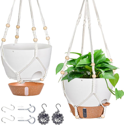 10 Inch Hanging Planters for Indoor Plants, 2 Pack Self Watering Hanging Baskets Flower Pots with Drainage Hole, Visual Reservoir & 2 Kinds of Plant Hanger for Outdoor Garden Home Decor (White)