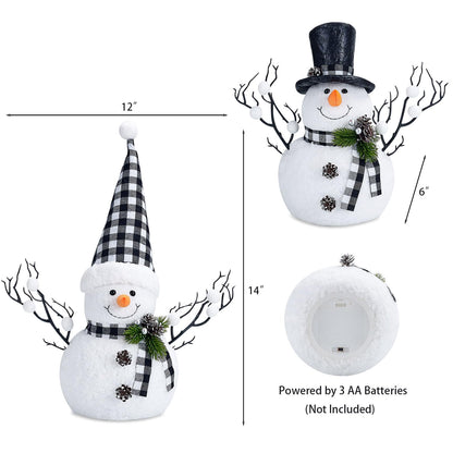 MWDJPXY 2 Pack Black and White Christmas Decor, 14" Lighted Snowmen Tree Buffalo Check Plaid Farmhouse Decorations, Table Centerpieces Rustic Gifts Tiered Tray Decor with for Christmas Party