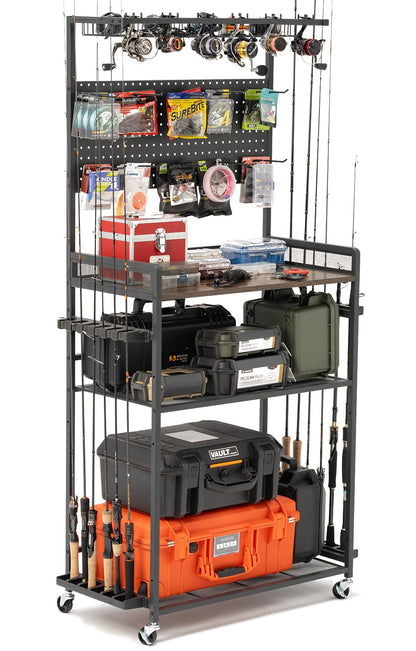 SOYEEZE Fishing Rod Holders for Garage,Fishing Gear Holder for Fishing Rod Tackle Box Storage，Fishing Pole Holders for 12 Rods with Hooks and Pegboard,Fishing Cart with Reel Rack