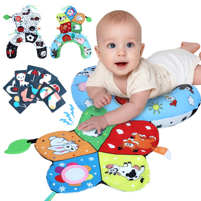 Tummy Time Pillow, High Contrast Tummy Time Mat with Black & White Flash Cards, Double-Sided Tummy Time Cushion with Mirror & Teether Sensory Toys, Baby Toys for Infant Newborn 0-12 Months Babies