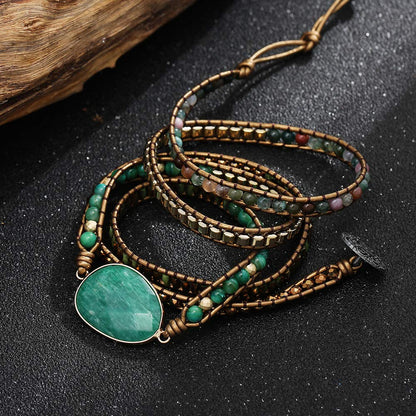 Plumiss Boho Handmade Green Aventurine Stone 5 Wrap Bracelets Natural Stone Beaded Multiple Strand Bracelet Jewelry