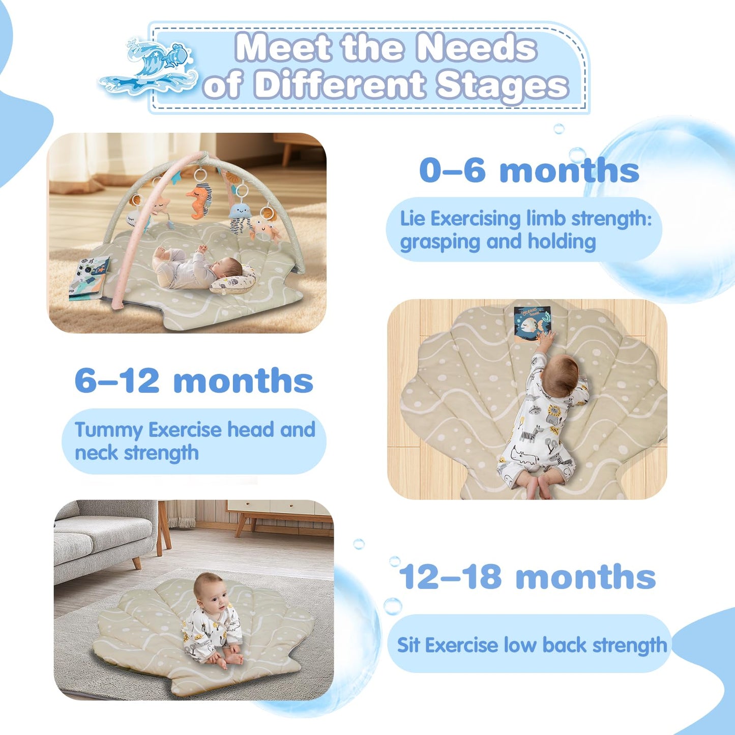 Baby Play Mat, Oversize Shell Tummy Time Mat with 6 Detachable Baby Activity Toys, Baby Gyms & Playmats for Babies 0-6 Months, Baby Essentials Mat for Floor Newborn Baby Shower Gifts (Beige)