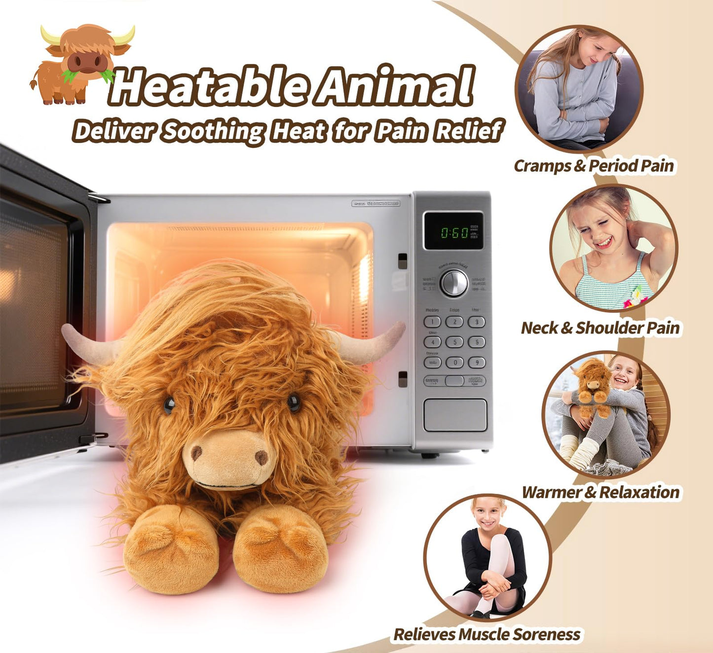 2Pcs Highland Cow Stuffed Animals, Microwavable Stuffed Animal Adorable Fluffy Highland Cow Plush for Warmth Comfort, Heatable Coolable Lavender Scent Toy, Cute Soft Plushies Gift for Kid Boys & Girls
