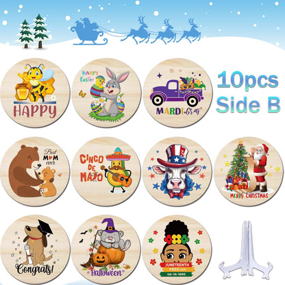 4in 10Pcs Interchangeable Home Table Signs with Seasonal Icons, Wooden Welcome Signs Interchangeable Holiday Decorative Table Shelf Centerpiece for Holiday Room Decor