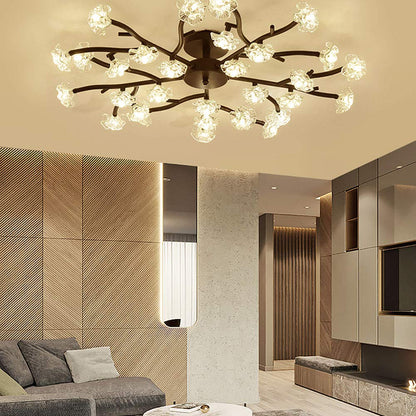 EUUDROBY Creativity Crystal Ceiling Light Fixture Nordic Tree Branch elier Painted Iron Finish Pendant Light Indoor Home Modern Simple Hanging Ceiling Lamp, 30 Lights, Black