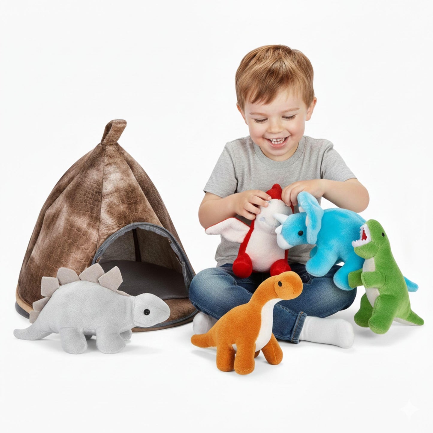 PASSIONFRUIT Stuffed Toy Dinosaur Animal Set – Set of 5 Dino Stuff Toy for Toddlers – with Volcano Zipper Carry Bag – Bright & Vibrant Plush Toy Set – Stuffed Dinosaur Toy for Kids –Easy to Carry