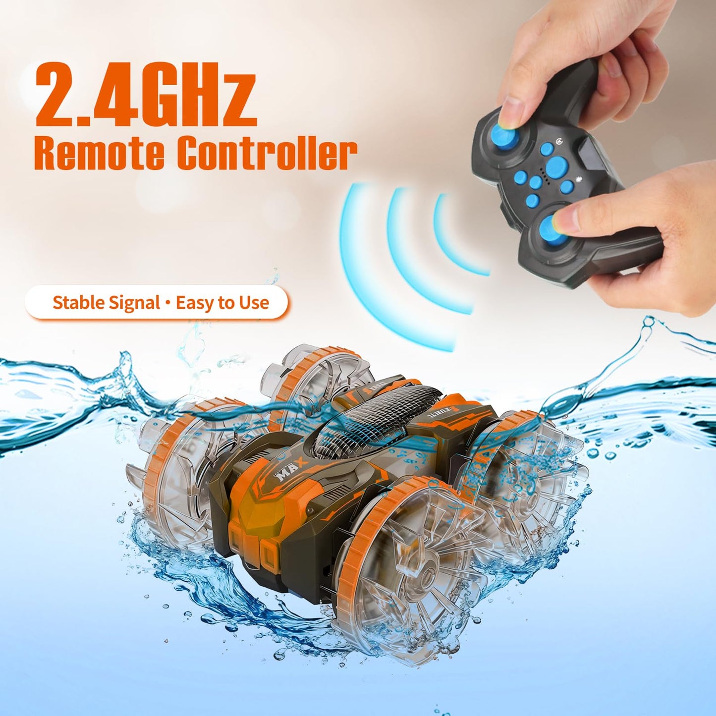 MOMONOVA Amphibious Remote Control Stunt Car with Colorful LED Wheels for Kids 4-7 8-12, 4WD Double-Sided RC Stunt Car, 2.4GHz Remote, 360° Flip, Waterproof Vehicle Toy for Boys Girls Birthday Gift