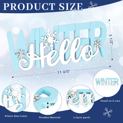 COCHIE Wooden Hello Winter Sign, Holidays Snowflake Decorations for Home, Office, Shelf, Mantel, Indoor, Wood White Snowflake Decor, Blue Table Top Party Supplies Decoration (Winter)