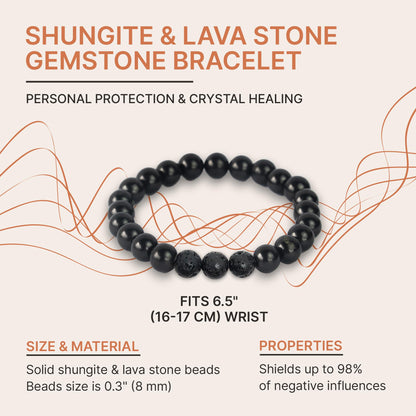 Karelian Heritage Black Shungite Beaded Bracelet, 8mm Handmade Stretchy Unisex, Crystal Healing Authentic Stone, Spiritual Chakra Balance Jewelry (Shungite & Lava Stone)