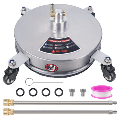 Biswing 14" Pressure Washer Surface Cleaner with 4 Wheels, Stainless Steel Power Washer Accessory for Driveways Sidewalks Patios Cleaning, 1/4" Quick Connector, 2 Extension Wand Attachments, 4000 PSI