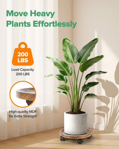 AZADESJET 2 Pack Plant Caddy with Wheels, 12" Wood Rolling Plant Stand with 360° Lockable Wheels, Plant Stands Outdoor for Large Plants, Flower Cart Plant Dolly Plant Caster for Heavy Objects, Walnut