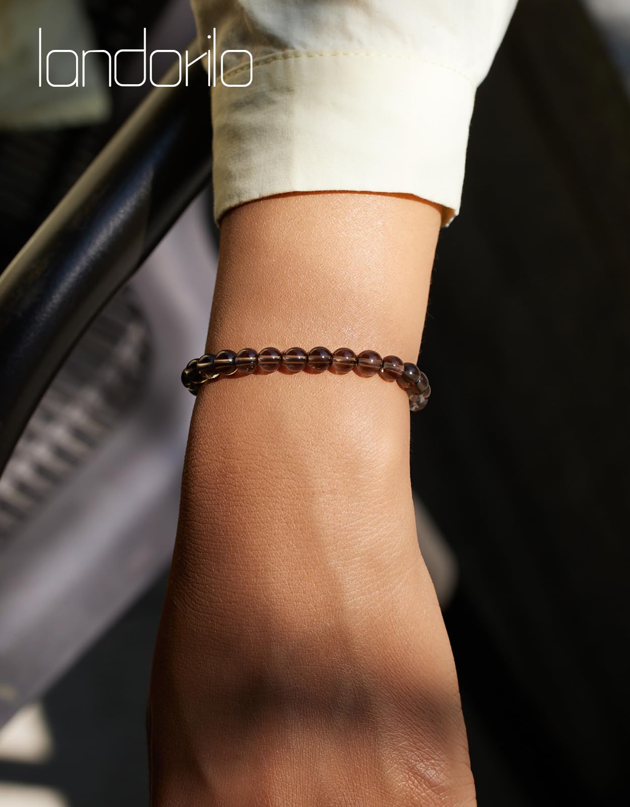 Landorilo Beaded Bracelet for Men Women, 6mm Natural Stone Smoky Quartz Healing Crystal Stretch Bracelets, Ideal Christmas Birthday Jewelry Gifts with Energy Card，Replacement Beads Included