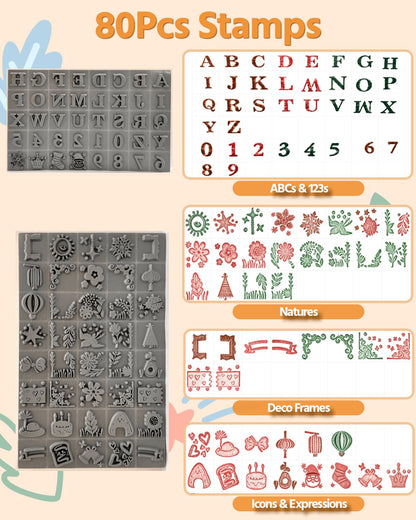 Montessori Toys Educational Alphabet Stamps Set for Kids - 3 Washable Ink Pads & 80Pcs Stamper | Fine Motor Learning: Letter, Number & Animals | Toddler Arts and Crafts, Preschool Classroom Must Have