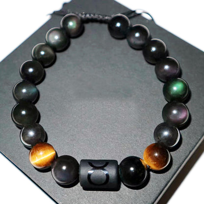 Yocicil Birthday Gift, Rainbow Black Obsidian Mens Bracelet, Couples Bracelets 10mm Natural Tigers Eye Hematite Bracelet, Zodiac Healing Crystal Bracelet Good Luck Gifts (Taurus gifts)