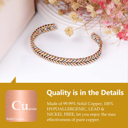 Feraco Pure Copper Bracelet for Women, Ultra Strength Magnetic Cuff Bangle with Neodymium Magnets, 99.99% Copper Jewelry Gift, Tricolor Braided