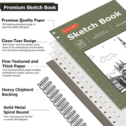 Soucolor 5.5" x 8.5" Sketchbook Pack of 2, 200 Sheets Blank Journal Notebook, A5, Spiral Bound Sketch Pad Drawing Book Acid-Free Paper (68lb/100gsm), Painting Sketching Drawing Notebook Art Supplies