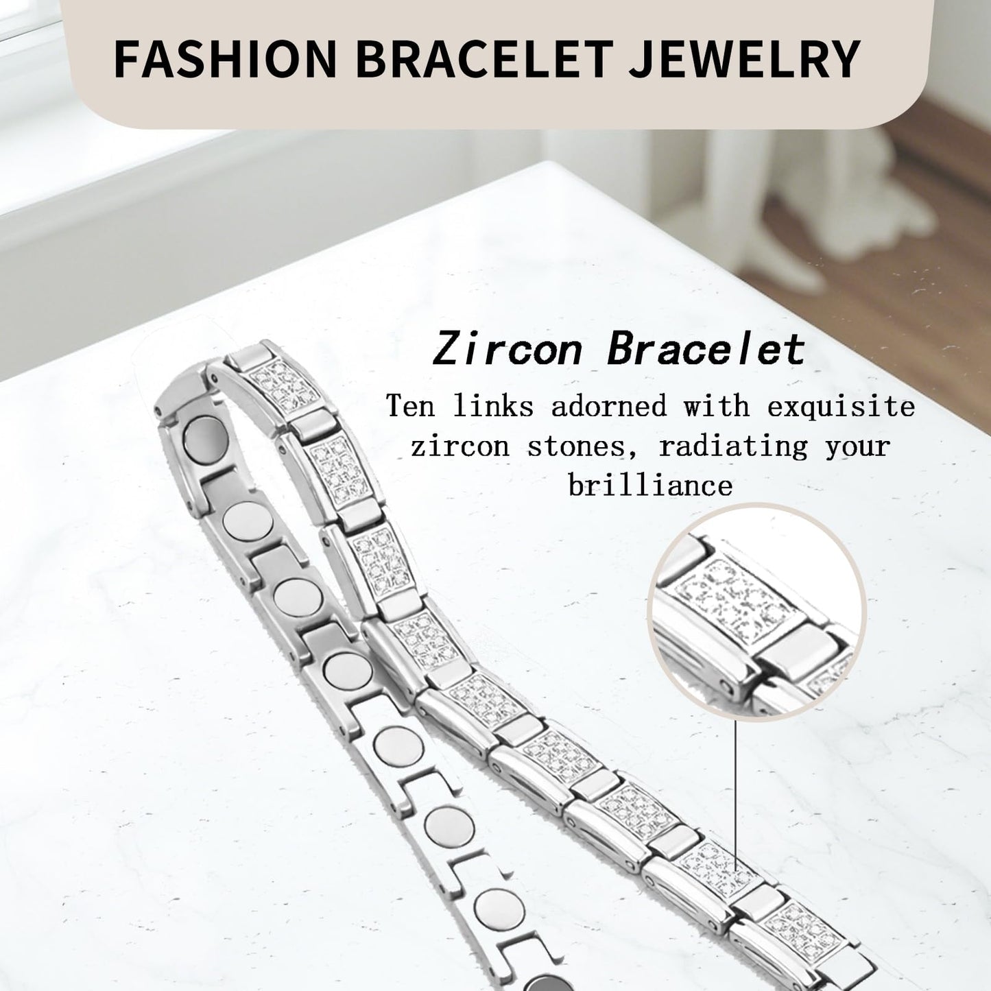KYOSI Magnetic Bracelets for Women, Stainless Steel Silver Bracelet with Cubic Zirconia, Adjustable Chain Fashion Zircon Jewelry Womens Gift