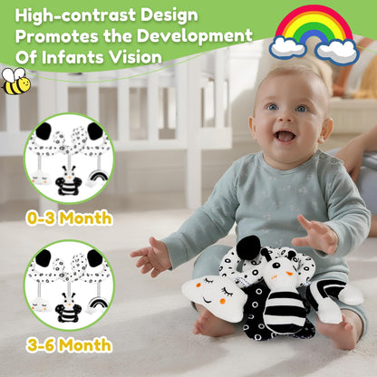 kizh Baby Hanging Stroller and Car Seat Toys High Contrast Baby Toys for Newborn Black and White Sensory Plush Activity Toys for Babies 0-6 Months-BEE