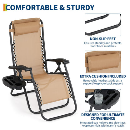 Patio Lounge Chairs Set of 2, Outdoor Recliner with Side Tray & Headrest - Heavy Duty Steel Mesh Folding Chairs, Adjustable Portable Camping Lawn Chairs for Poolside, Beach, Backyard, Deck