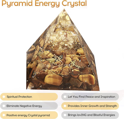Tree of Life Orgone Pyramid Citrine with Tiger Eyes Positive Energy Healing Crystals Pyramid for Reduce Stress Chakra Reiki Meditation Attracts Lucky and Success