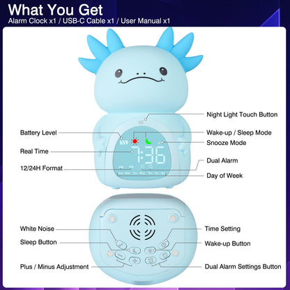 ollycasa Axolotl Alarm Clock for Kids, Rechargeable Ok to Wake Clock with Night Light - BPA-Free Silicone Sleep Training Clock, Cute Toddler Wake Up Clock for Boys Girls Bedroom
